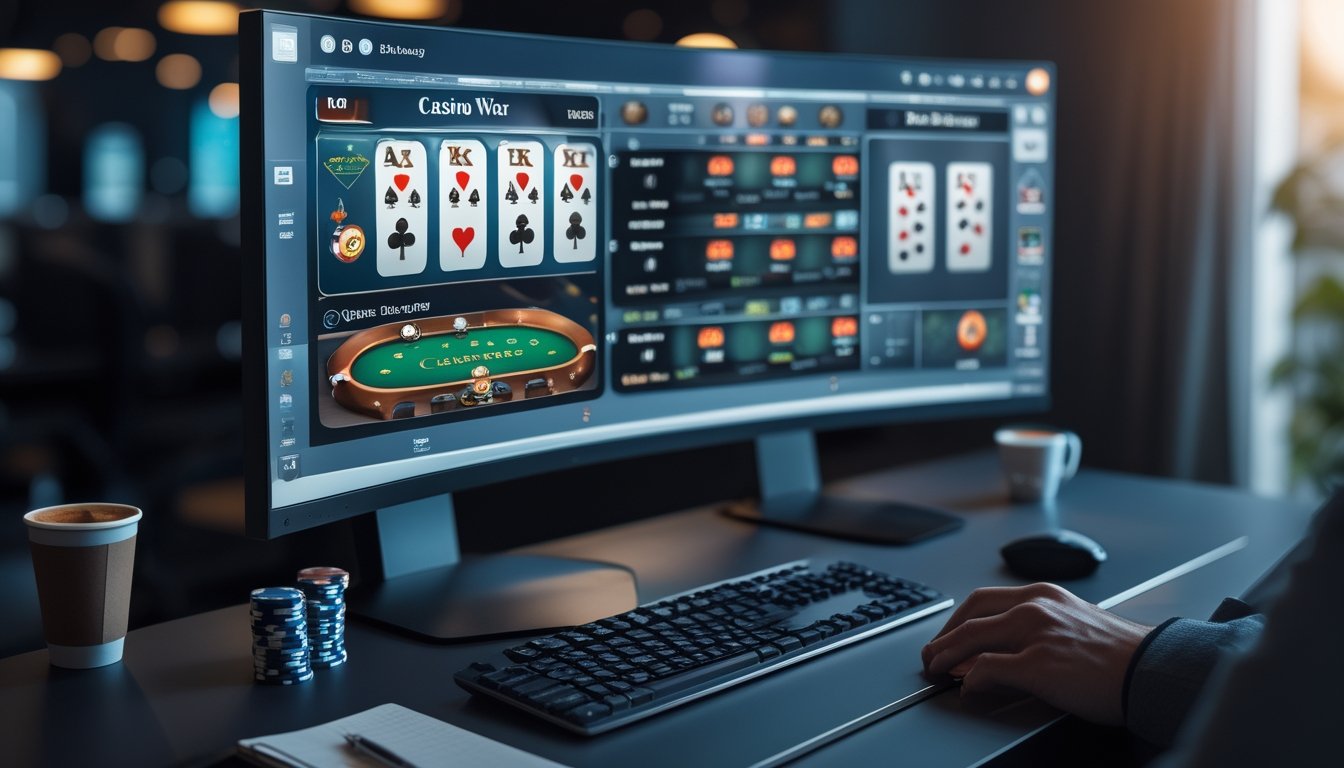 Seorang pemain sedang duduk di depan komputer dengan layar menampilkan permainan kartu Casino War dan Casino Hold’em online, dengan chip poker dan alat tulis di meja.