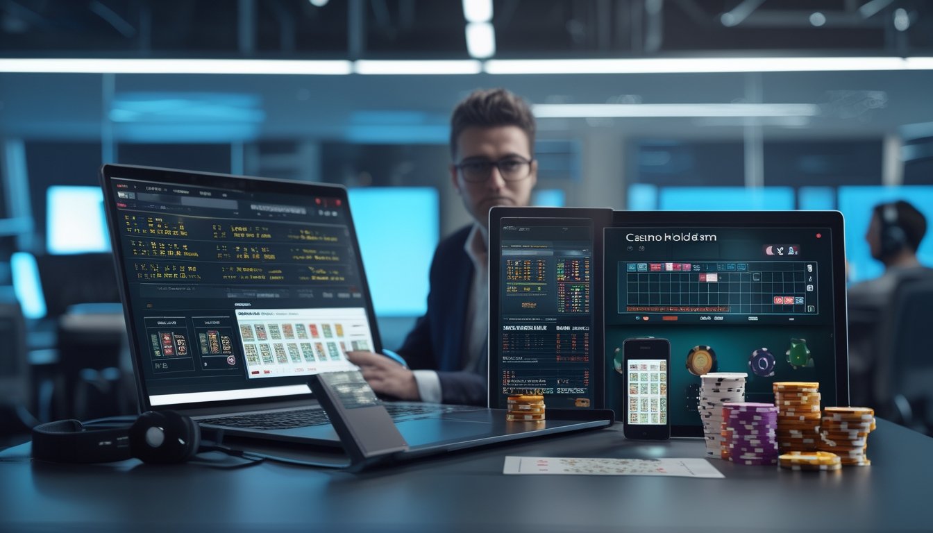 Seseorang duduk di meja modern dengan perangkat digital menampilkan permainan kasino online, menganalisis data dan tumpukan chip poker di sekitarnya.