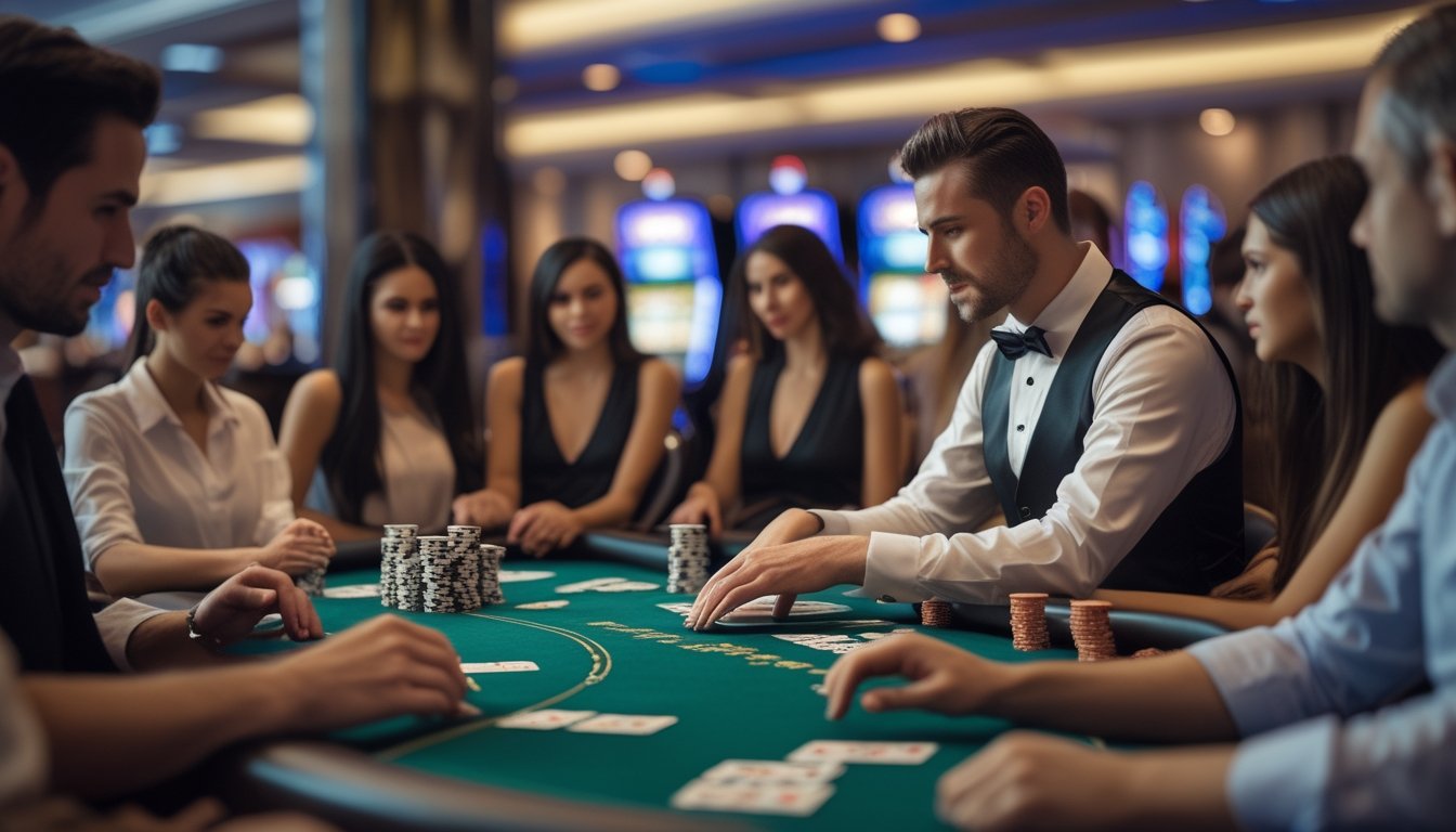 Seorang dealer sedang membagikan kartu kepada pemain di meja kasino dengan suasana permainan Casino War dan Casino Hold’em.