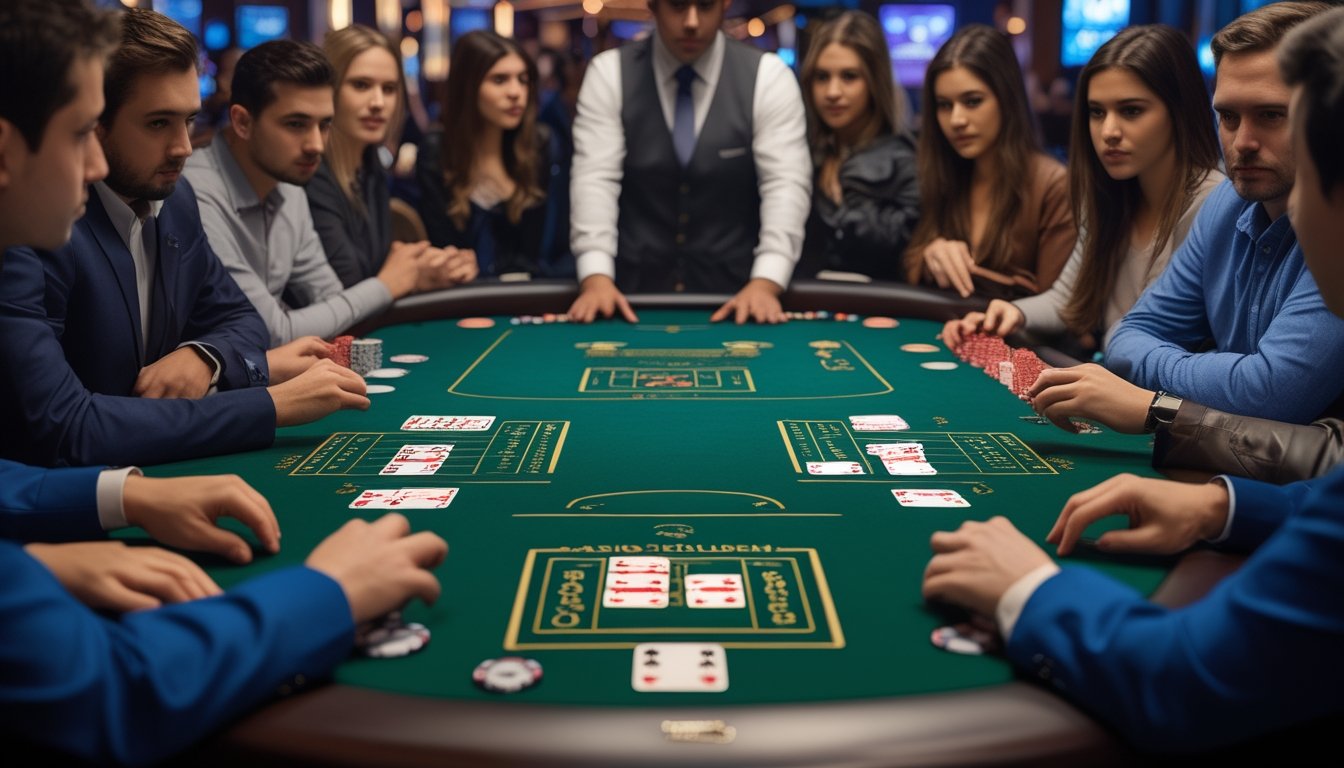 Meja kasino dengan dealer dan pemain yang sedang bermain Casino War dan Casino Hold’em, menunjukkan suasana belajar dan fokus.