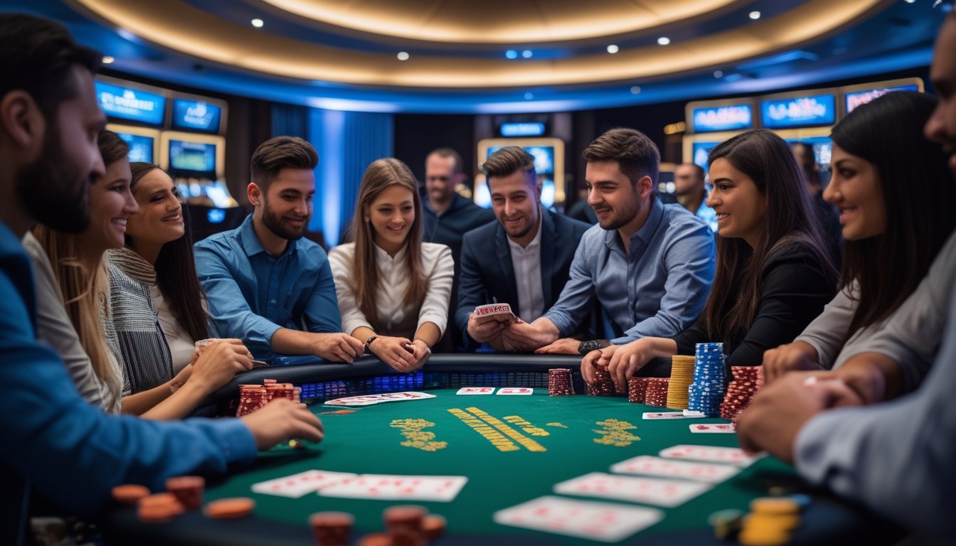 Meja kasino dengan kartu remi dan chip, pemain yang fokus bermain Casino War dan Casino Hold’em.