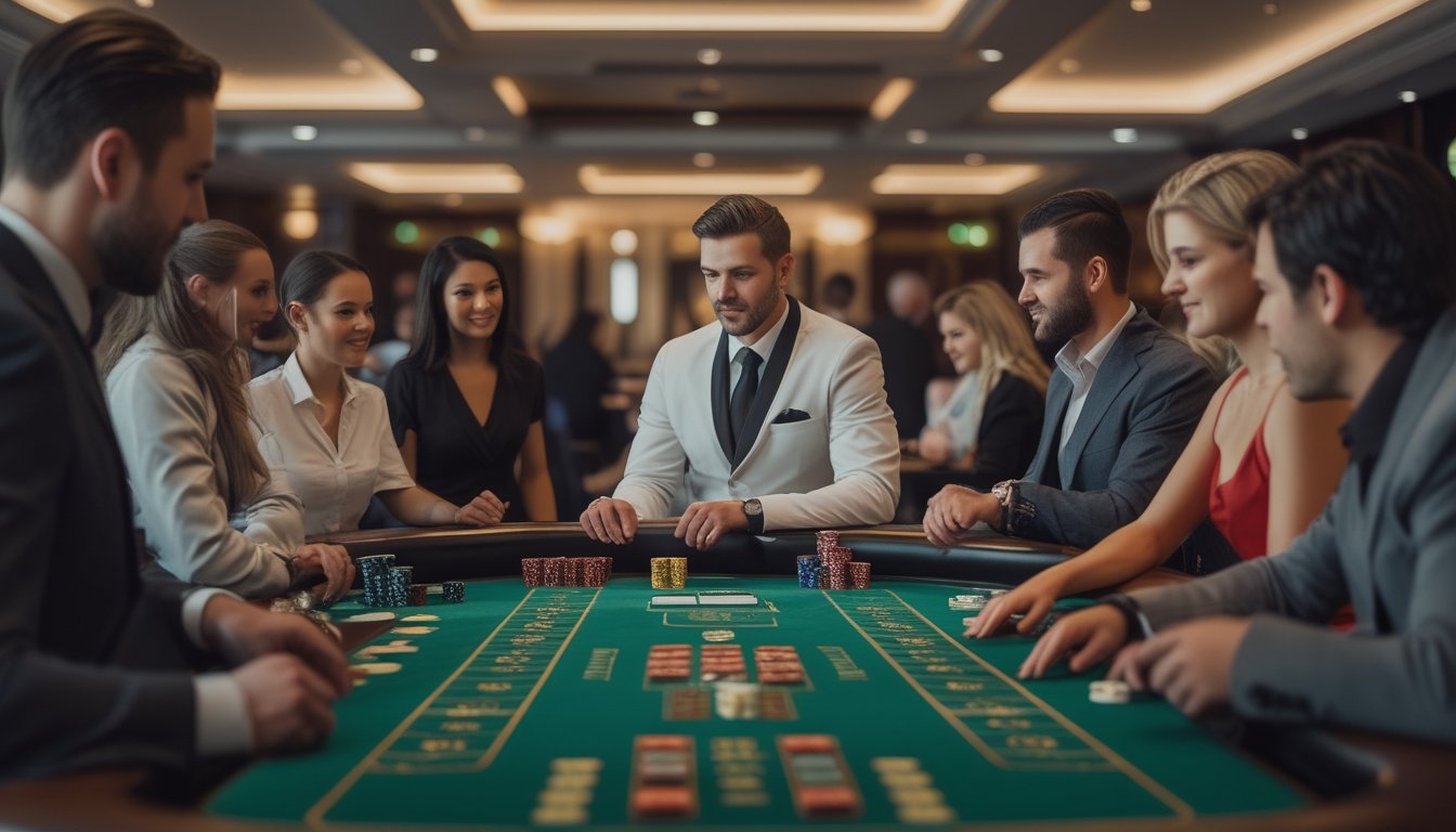 Meja kasino dengan dealer dan pemain yang sedang bermain permainan kartu Casino War dan Casino Hold’em.