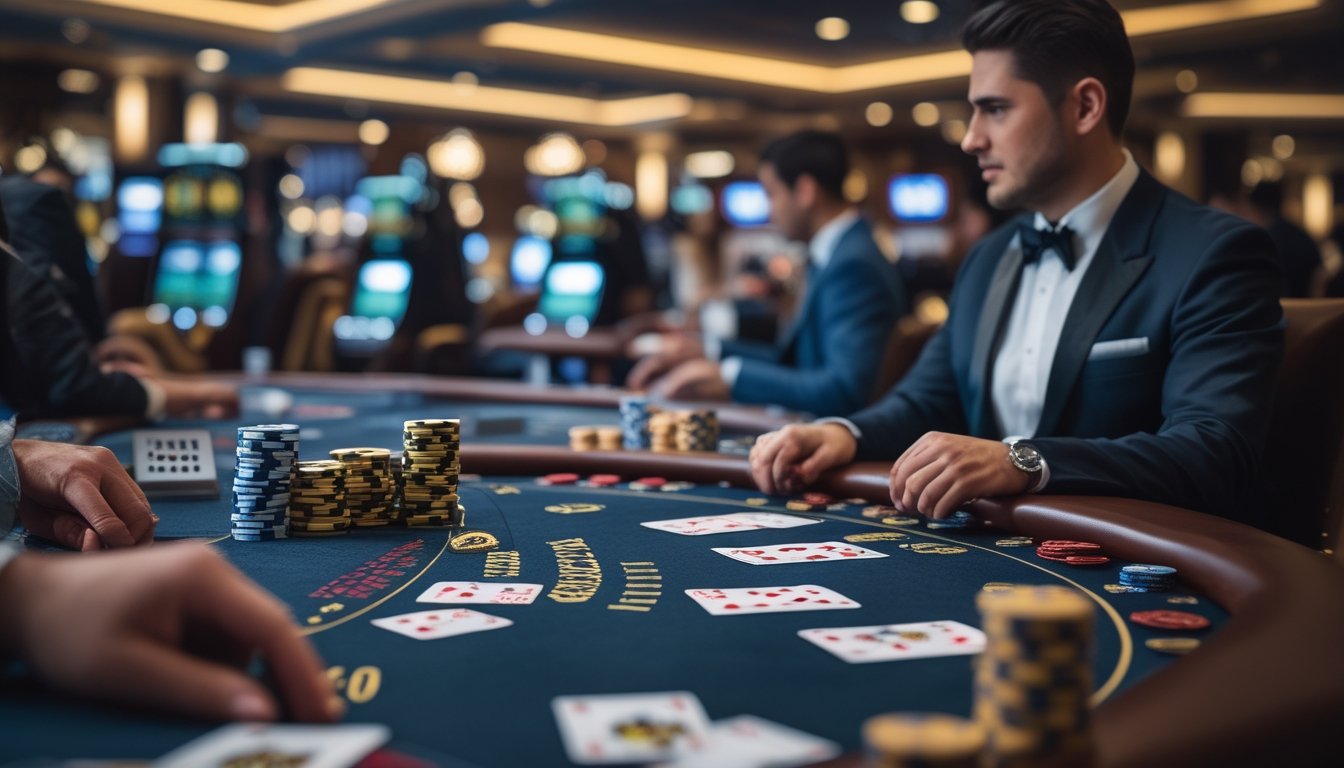 Meja kasino dengan kartu remi dan chip poker, dealer melayani permainan Casino War dan Casino Hold’em, suasana kasino yang mewah dan ramai.