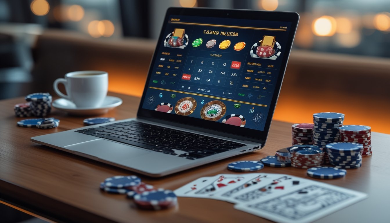 Seorang pemain sedang bermain permainan kasino online dengan laptop, kartu remi, dan chip poker di atas meja.