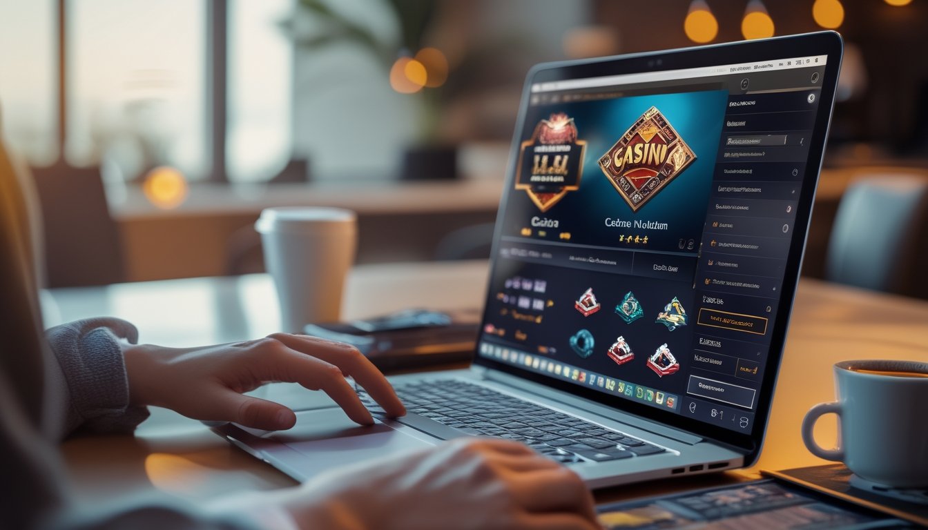 Seseorang menggunakan komputer dengan tampilan permainan Casino War dan Casino Hold’em online di layar dalam suasana ruangan yang nyaman.