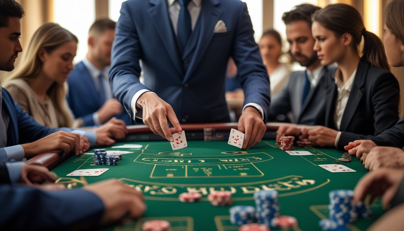 Meja kasino dengan dealer dan pemain yang sedang bermain Casino War dan Casino Hold’em, menampilkan kartu dan chip taruhan.