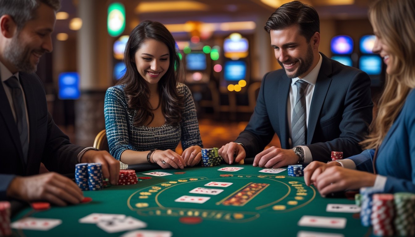 Dua pemain dan seorang dealer sedang bermain di meja kasino dengan kartu dan chip poker.