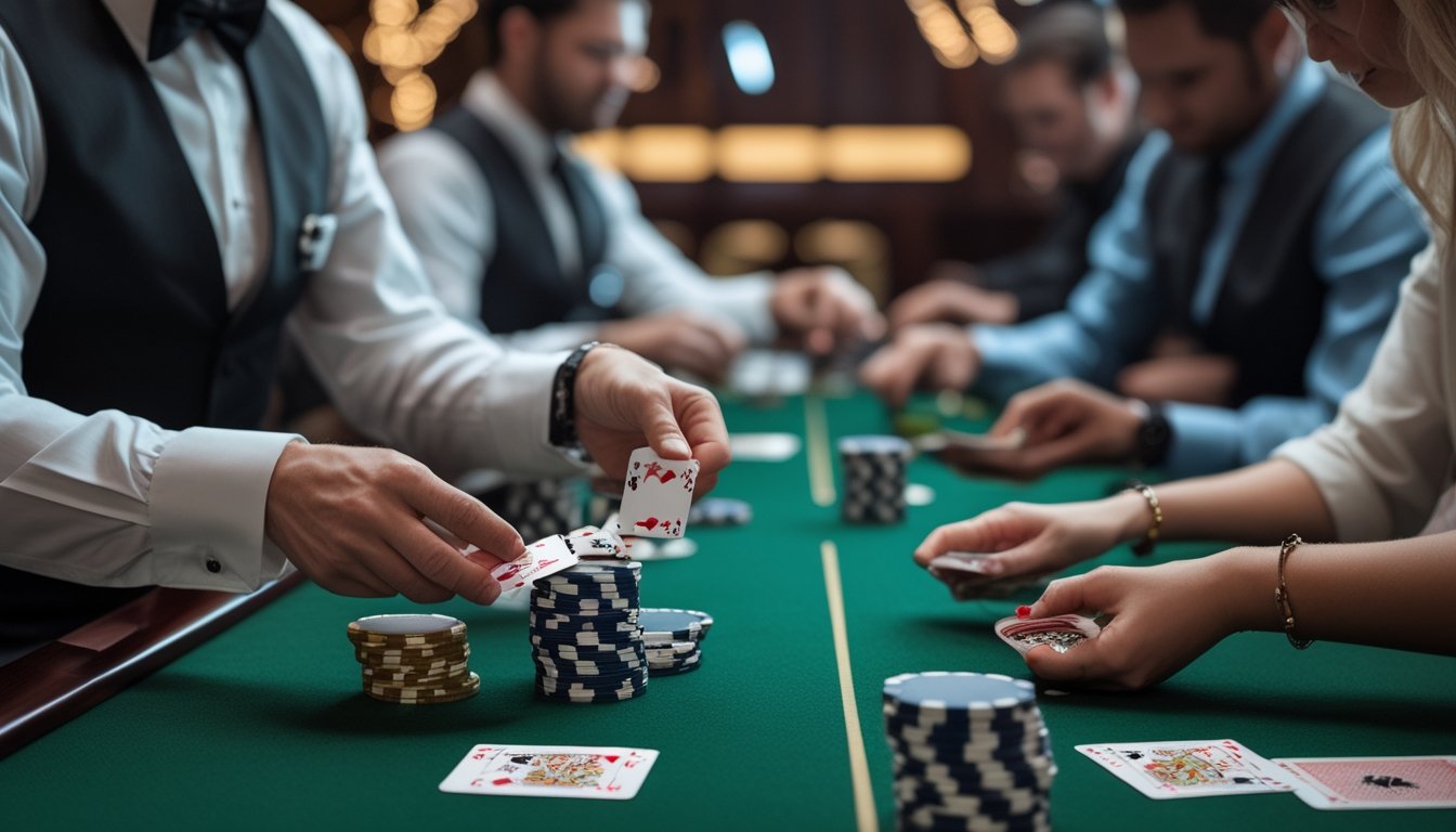 Seorang dealer dan beberapa pemain sedang bermain Casino War dan Casino Hold’em di meja hijau di kasino.
