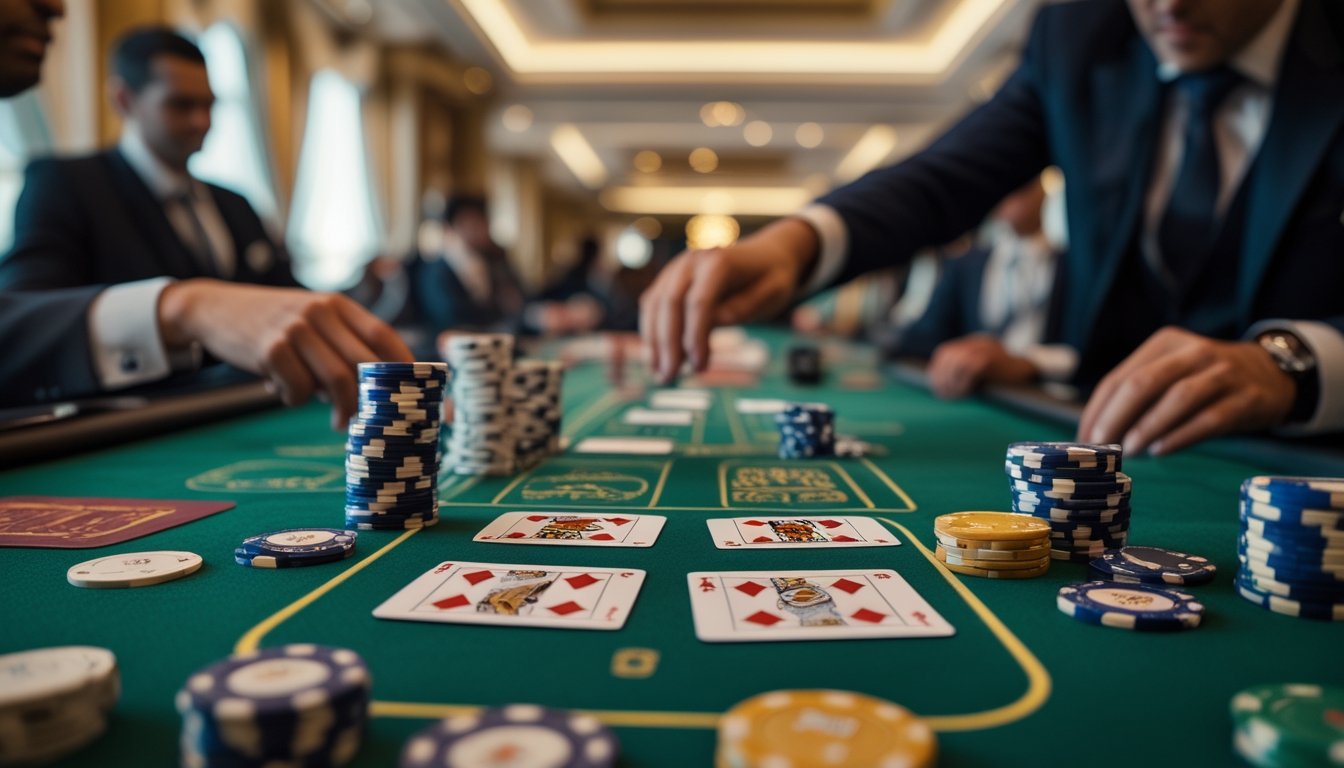 Meja kasino dengan kartu remi dan tumpukan chip, dealer sedang membagikan kartu, suasana kasino yang mewah dan pemain yang fokus bermain.
