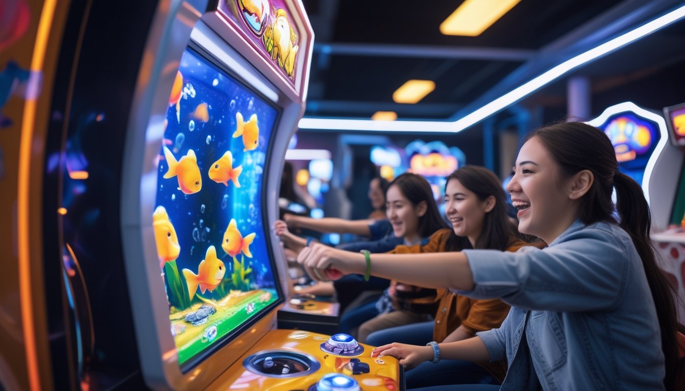 Orang-orang bermain mesin permainan tembak ikan dengan tema ikan mas di sebuah arena permainan yang ramai dan berwarna-warni.
