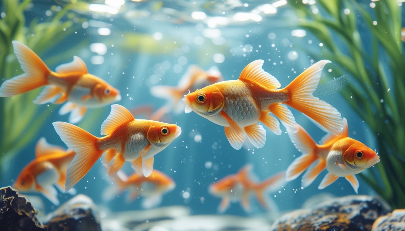 Beberapa ikan mas berwarna oranye dan putih berenang di air jernih dengan tanaman air di latar belakang.