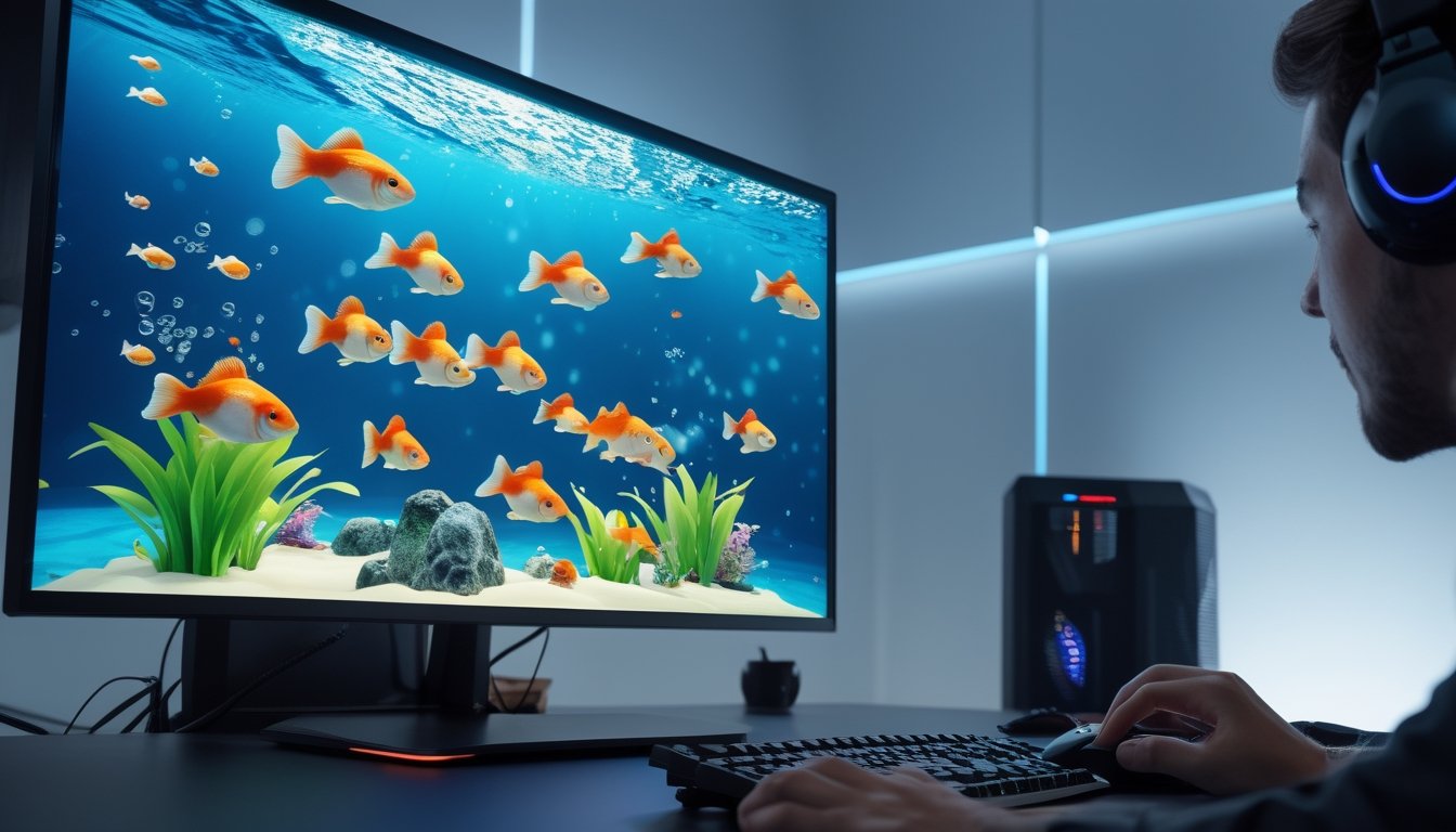 Sebuah setup komputer modern dengan layar menampilkan grafis ikan mas berwarna cerah dan tangan seseorang sedang menggunakan mouse dan keyboard di ruang yang terang dan rapi.