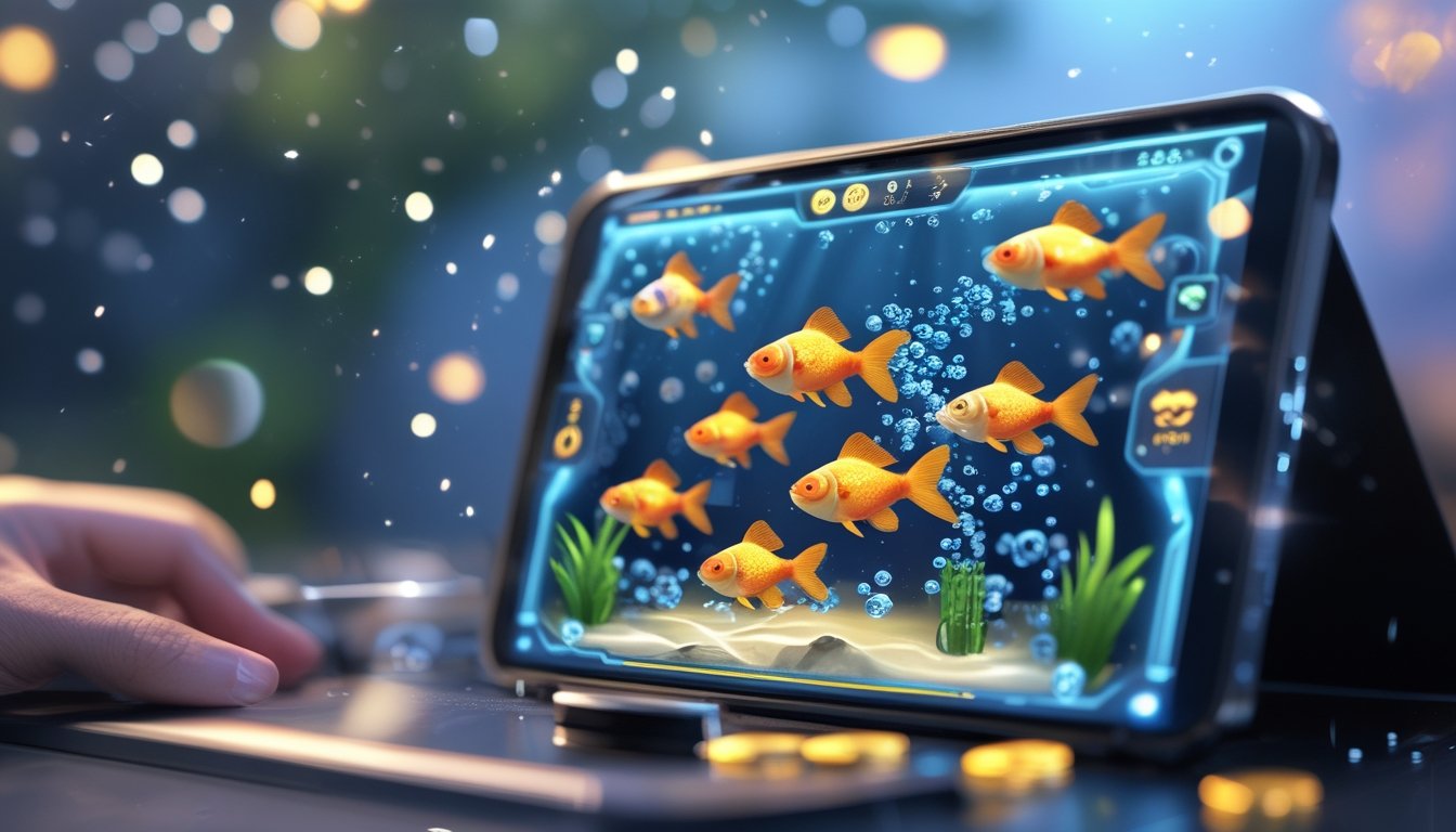 Tampilan layar perangkat dengan permainan tembak ikan bertema ikan mas berwarna cerah di lingkungan bawah air digital.