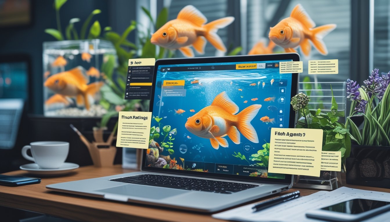 Sebuah meja kerja modern dengan laptop yang menampilkan permainan ikan mas berwarna cerah, dikelilingi oleh catatan dan grafik, dengan akuarium ikan mas di latar belakang.