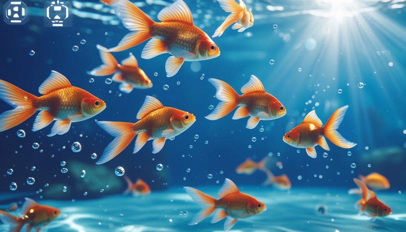 Pemandangan bawah air dengan ikan mas berwarna cerah berenang di air jernih, dikelilingi gelembung dan cahaya yang menembus permukaan air.