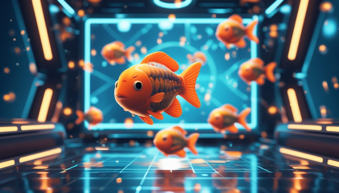 Layar permainan arcade modern dengan ikan mas berwarna cerah yang bergerak di latar bawah laut digital.
