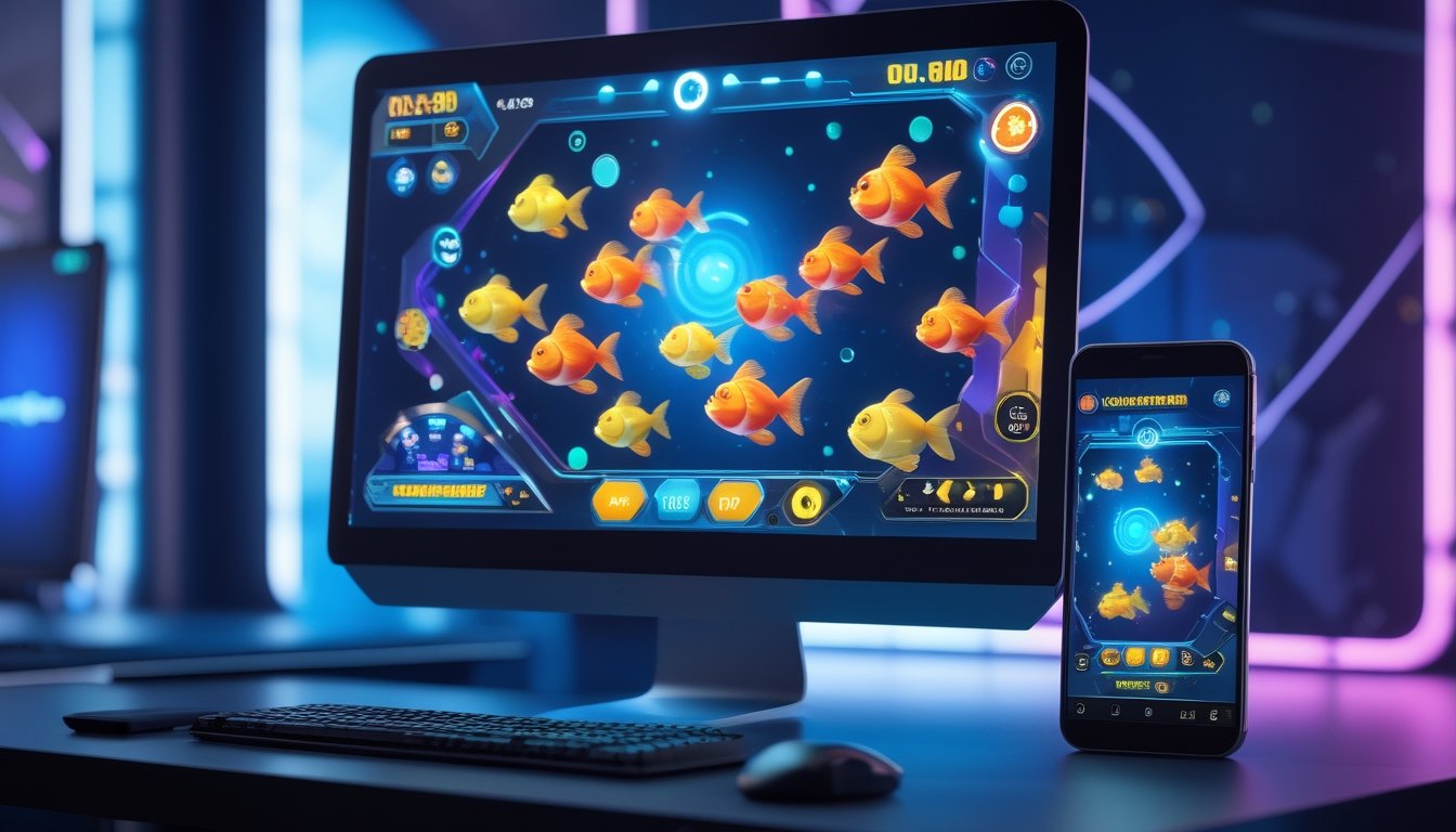 Tampilan layar komputer dan ponsel yang menampilkan permainan tembak ikan goldfish dengan ikan berwarna cerah dan elemen permainan arcade modern.