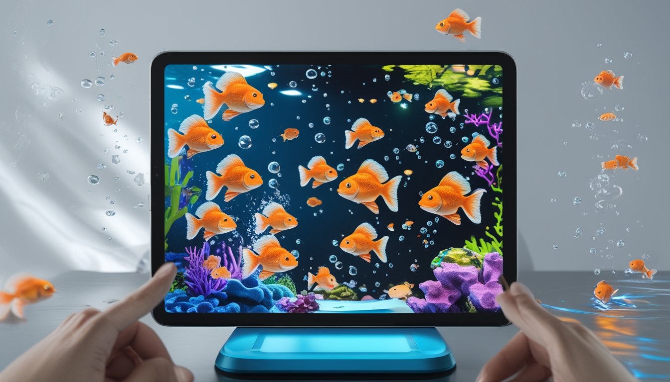 Layar perangkat digital menampilkan permainan tema ikan mas koki dengan animasi ikan yang bergerak di bawah air.