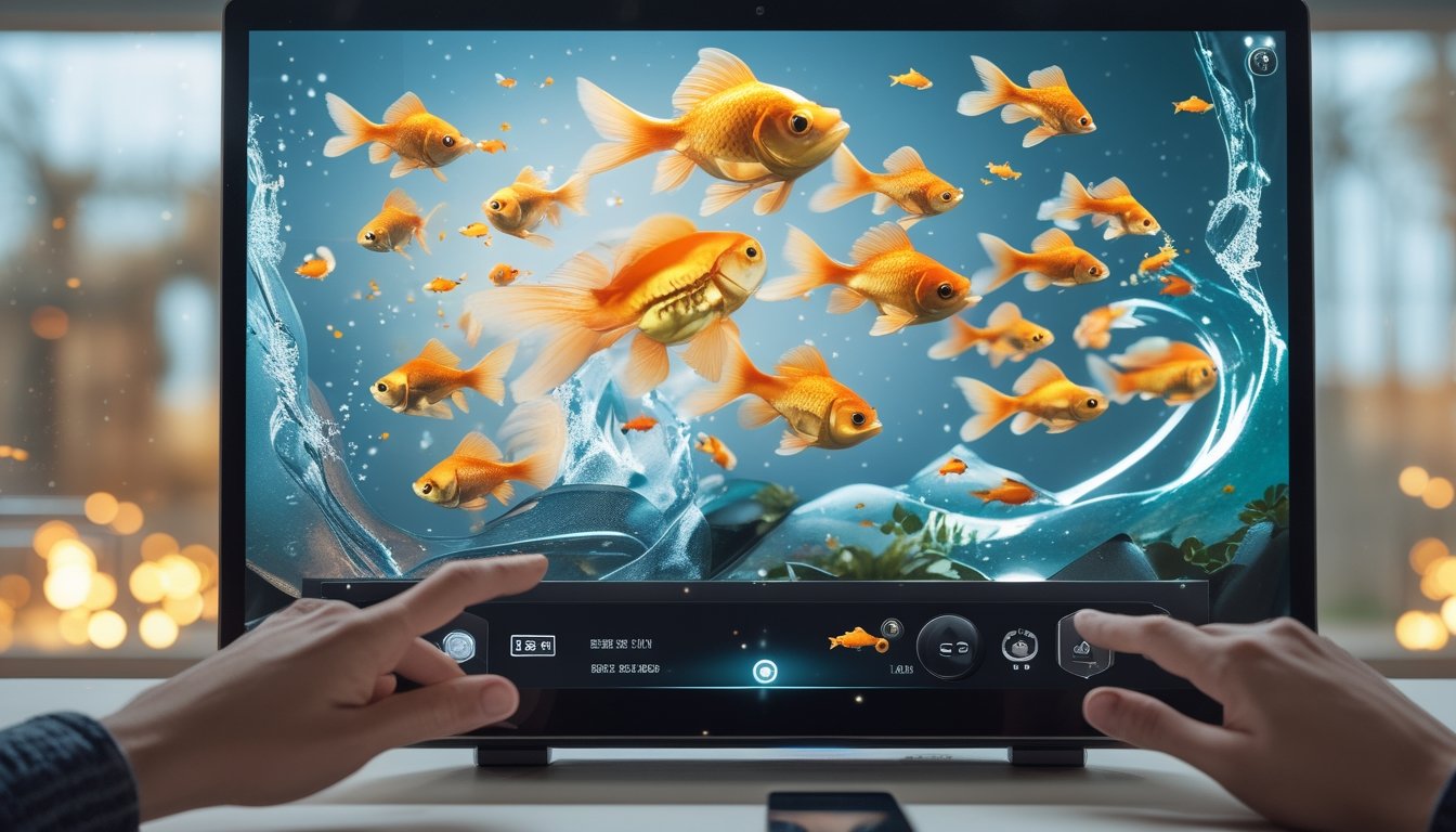 Layar digital menampilkan permainan tembak ikan dengan ikan mas berwarna emas dan tangan pemain yang mengoperasikan kontrol sentuh.