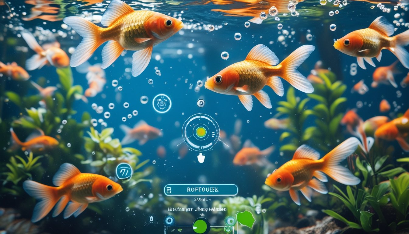 Pemandangan bawah air dengan ikan mas berwarna cerah berenang di antara tanaman air dan antarmuka permainan tembak ikan yang modern.