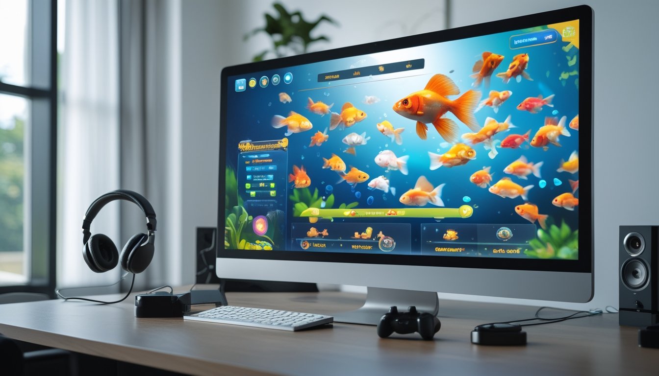 Sebuah layar perangkat menampilkan permainan tembak ikan dengan ikan mas berwarna cerah dan mode permainan yang beragam, di meja kerja modern dengan aksesori game di sekitarnya.