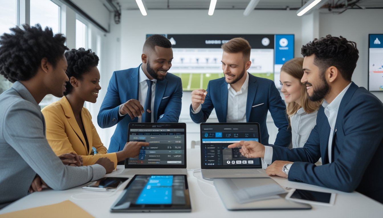 Sekelompok orang berdiskusi di ruang kerja modern dengan perangkat digital yang menampilkan statistik pertandingan sepak bola dan peluang taruhan.