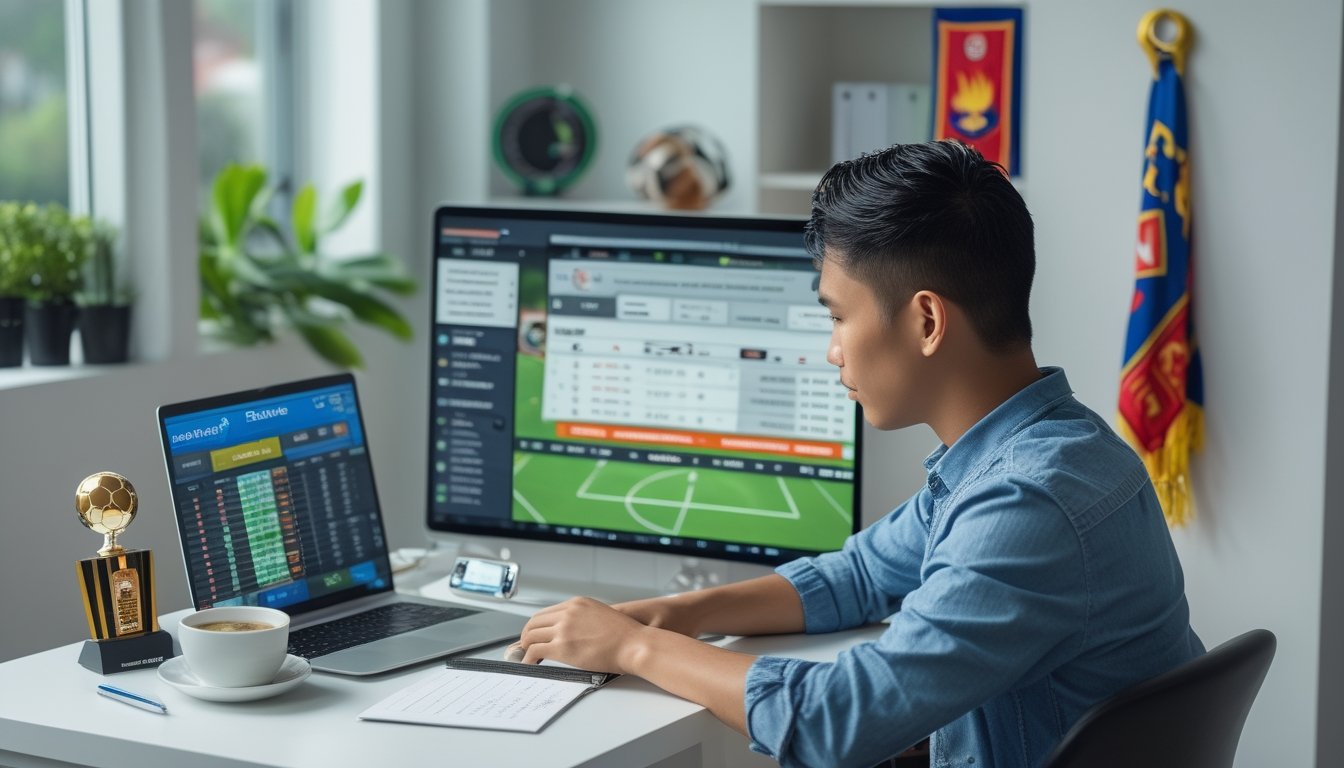 Seorang pria muda Indonesia duduk di depan laptop yang menampilkan pertandingan sepak bola dan statistik taruhan, dengan ponsel dan catatan di meja.