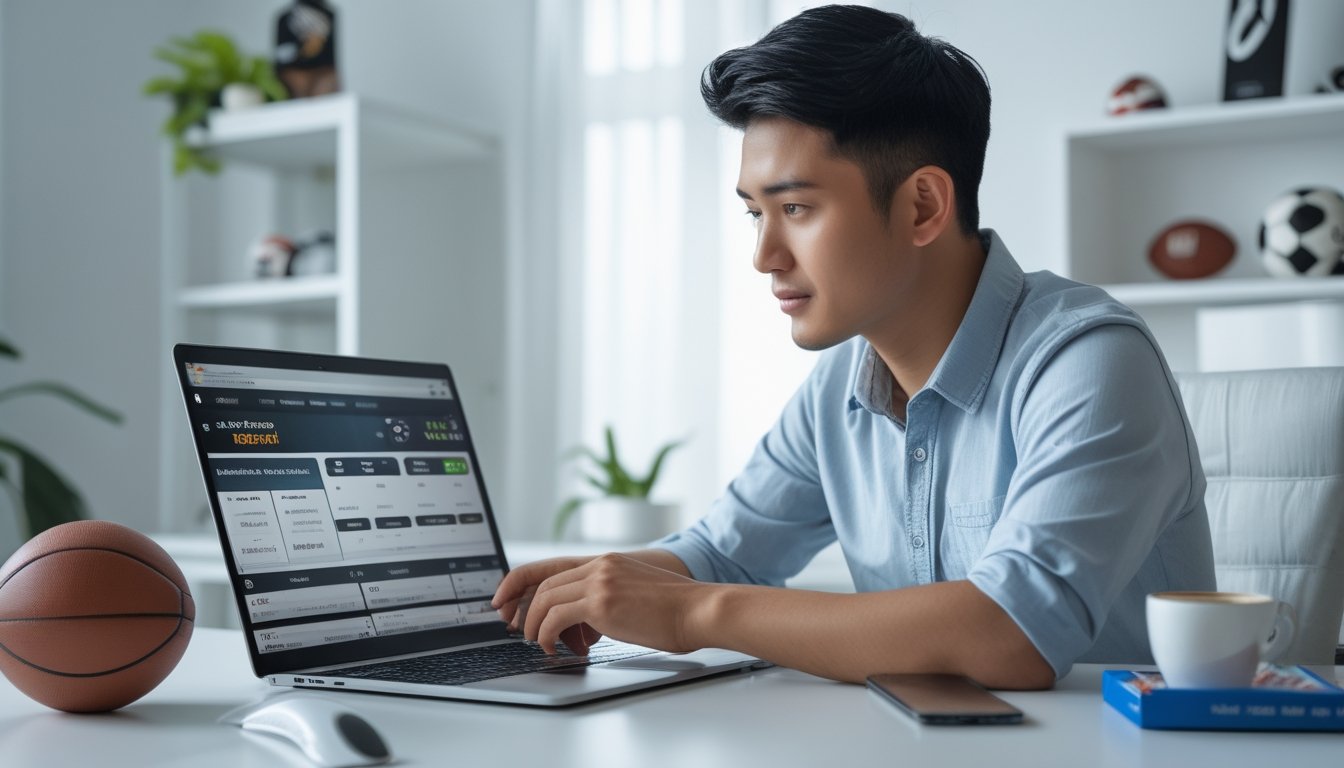 Seorang pria muda duduk di meja dengan laptop, melihat layar situs taruhan sepak bola online, dengan bola sepak dan ponsel di sekitar meja.