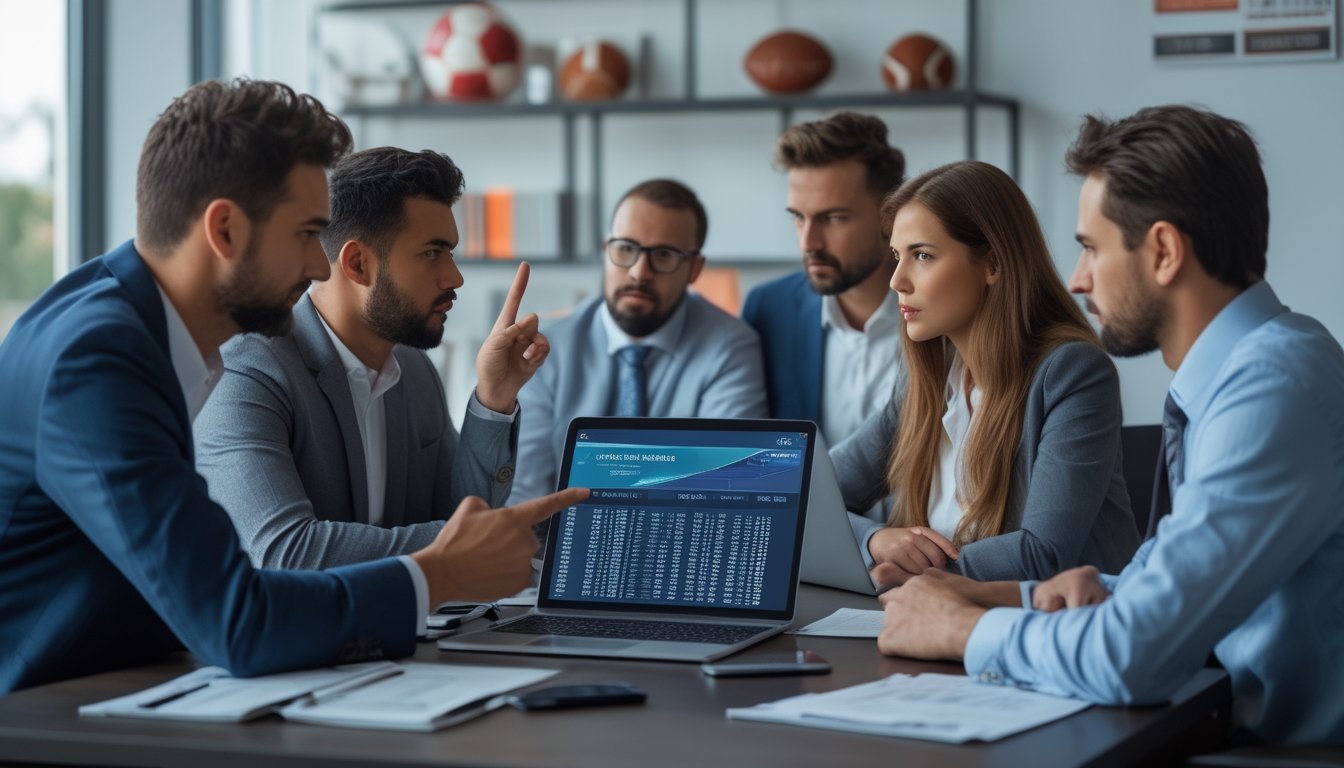 Sekelompok orang sedang berdiskusi serius di ruang kantor modern dengan laptop dan tablet yang menampilkan informasi sepak bola.