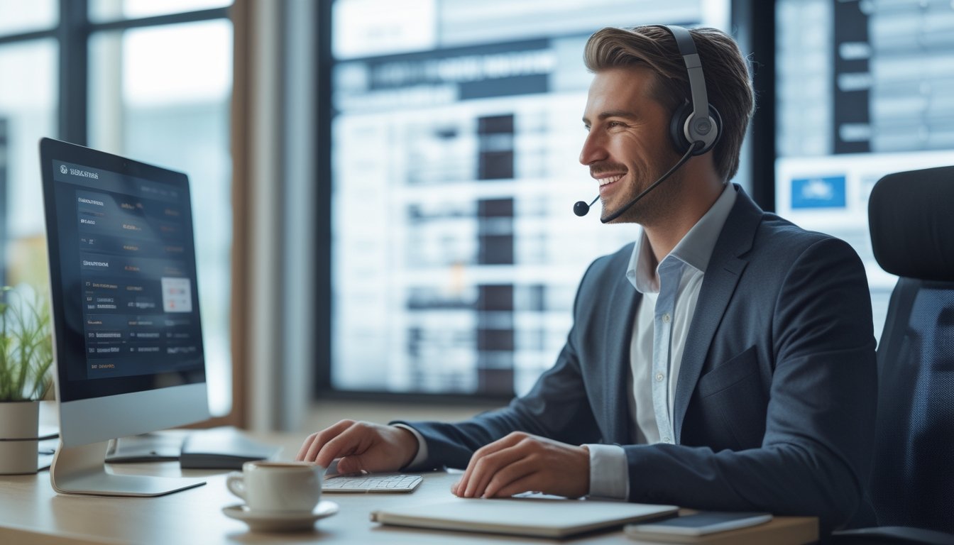 Seorang agen layanan pelanggan yang percaya diri sedang berbicara melalui headset di kantor modern dengan layar komputer menampilkan statistik sepak bola.