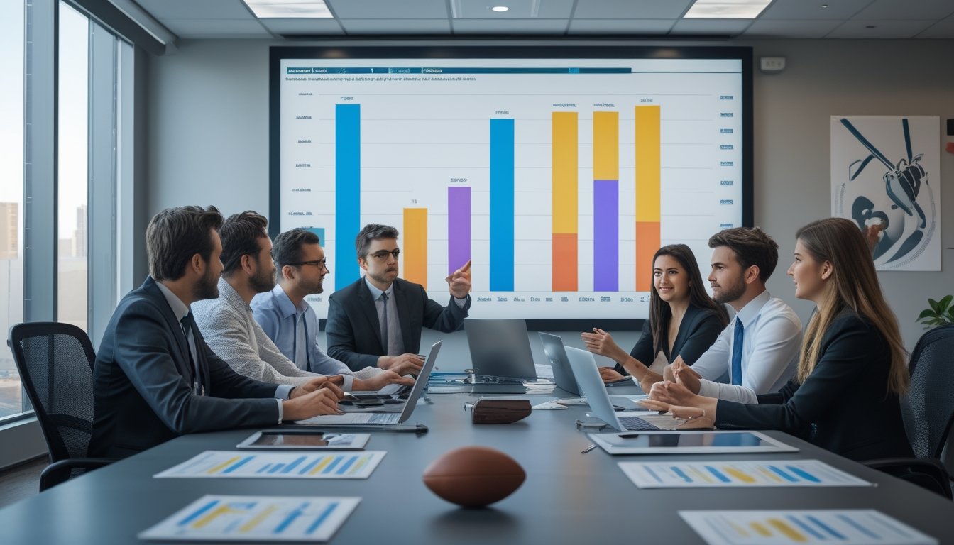 Sekelompok orang sedang berdiskusi di ruang rapat dengan layar besar menampilkan grafik statistik dan data tim sepak bola.