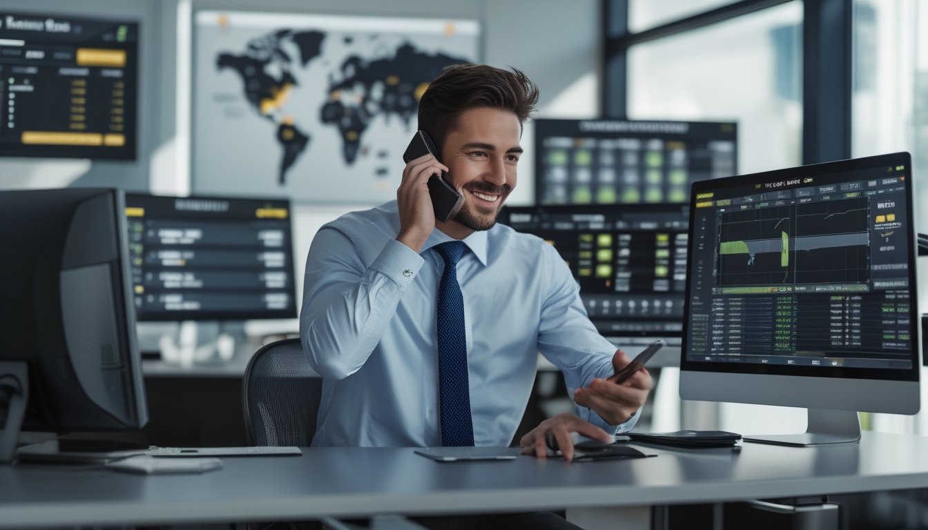 Seorang agen taruhan sepak bola profesional duduk di meja kantor dengan beberapa layar komputer yang menampilkan statistik pertandingan sepak bola dan peluang taruhan.
