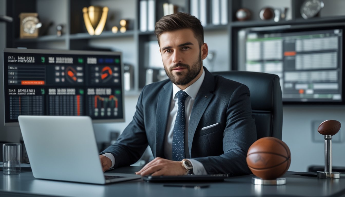 Seorang agen taruhan sepak bola profesional sedang duduk di meja kantor dengan laptop dan grafik taruhan sepak bola di layar, terlihat fokus dan percaya diri.