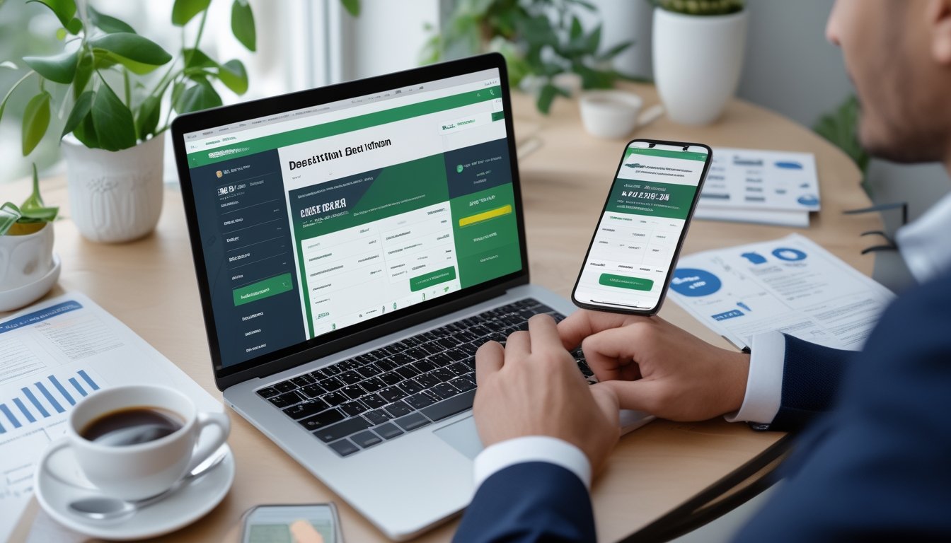 Seseorang menggunakan laptop dan ponsel untuk melakukan transaksi deposit dan withdraw di agen taruhan sepak bola online di meja kerja yang rapi.