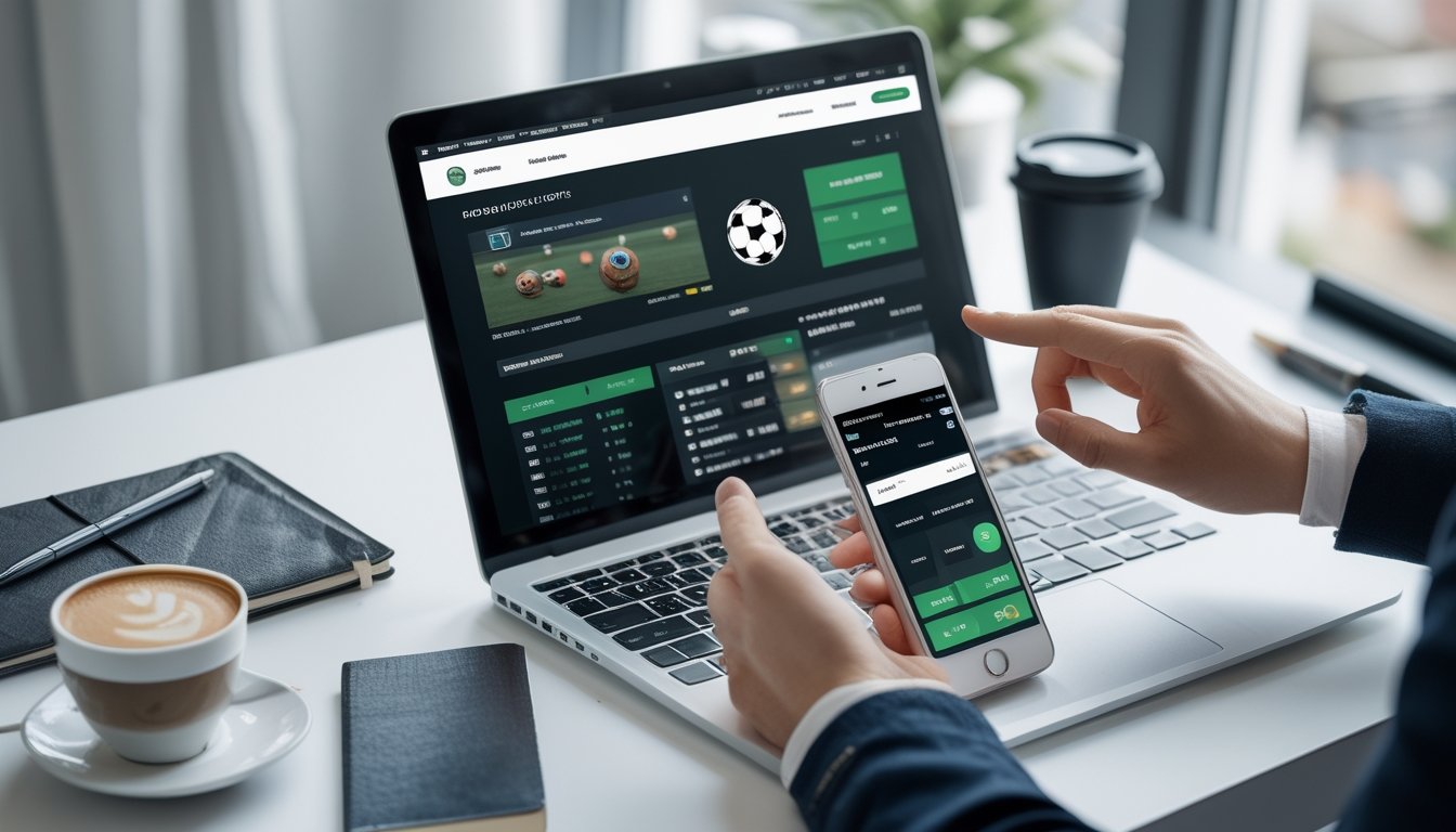 Seseorang menggunakan laptop dan ponsel untuk melakukan transaksi deposit dan withdraw pada situs taruhan sepak bola online di meja kerja yang rapi.