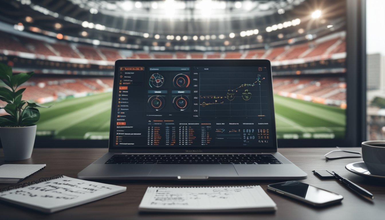 Meja kerja dengan laptop yang menampilkan statistik sepak bola Liga Eropa, ponsel dengan pembaruan pertandingan, catatan tangan, dan cangkir kopi, dengan latar belakang stadion sepak bola yang sedang berlangsung.