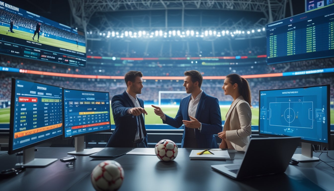 Para analis sepak bola sedang berdiskusi di depan layar yang menampilkan statistik dan formasi pertandingan sepak bola Liga Eropa dengan latar belakang stadion penuh penonton.