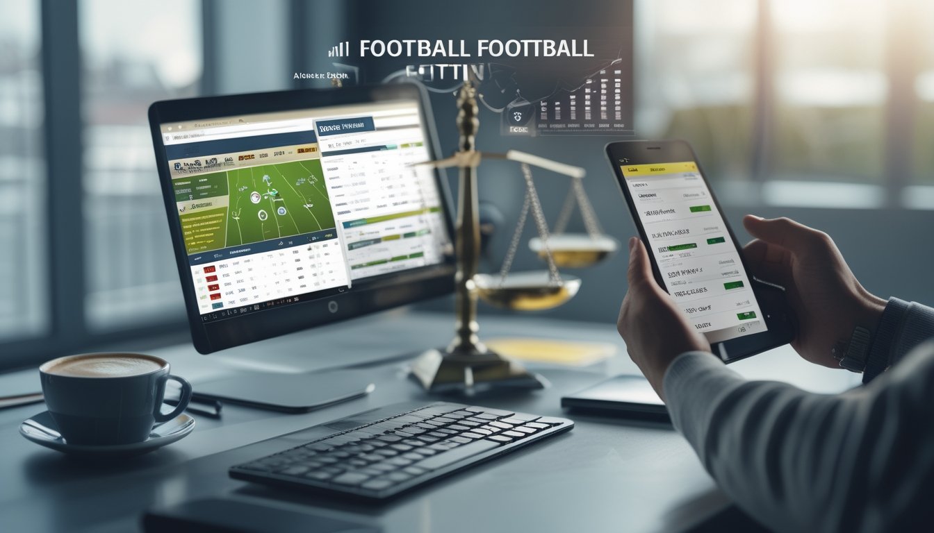 Seorang pria duduk di meja dengan laptop yang menampilkan situs taruhan sepak bola, sambil menganalisis data di tablet, dengan cangkir kopi dan ponsel di meja.