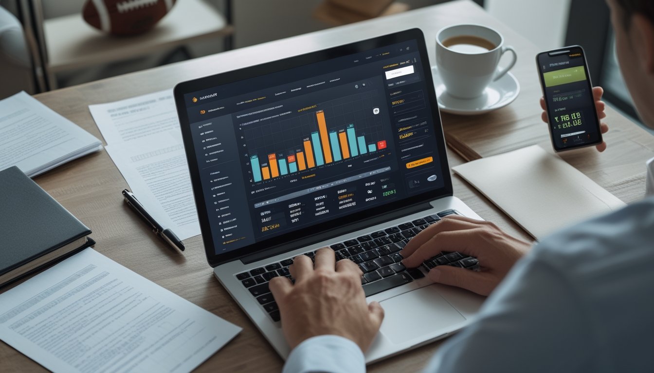 Seorang pria sedang menganalisis data taruhan sepak bola online di laptop di meja kerja dengan dokumen dan ponsel di sekitarnya.