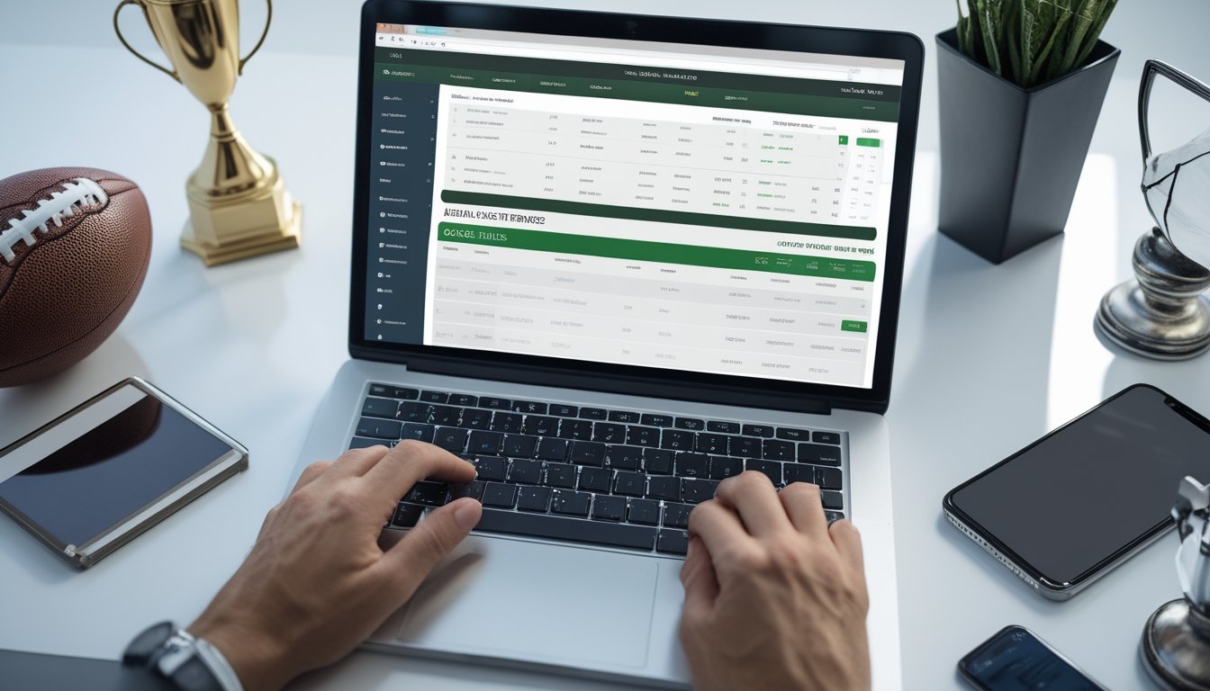 Seseorang menggunakan laptop dengan situs taruhan sepak bola online terbuka, dikelilingi bola sepak dan ponsel.