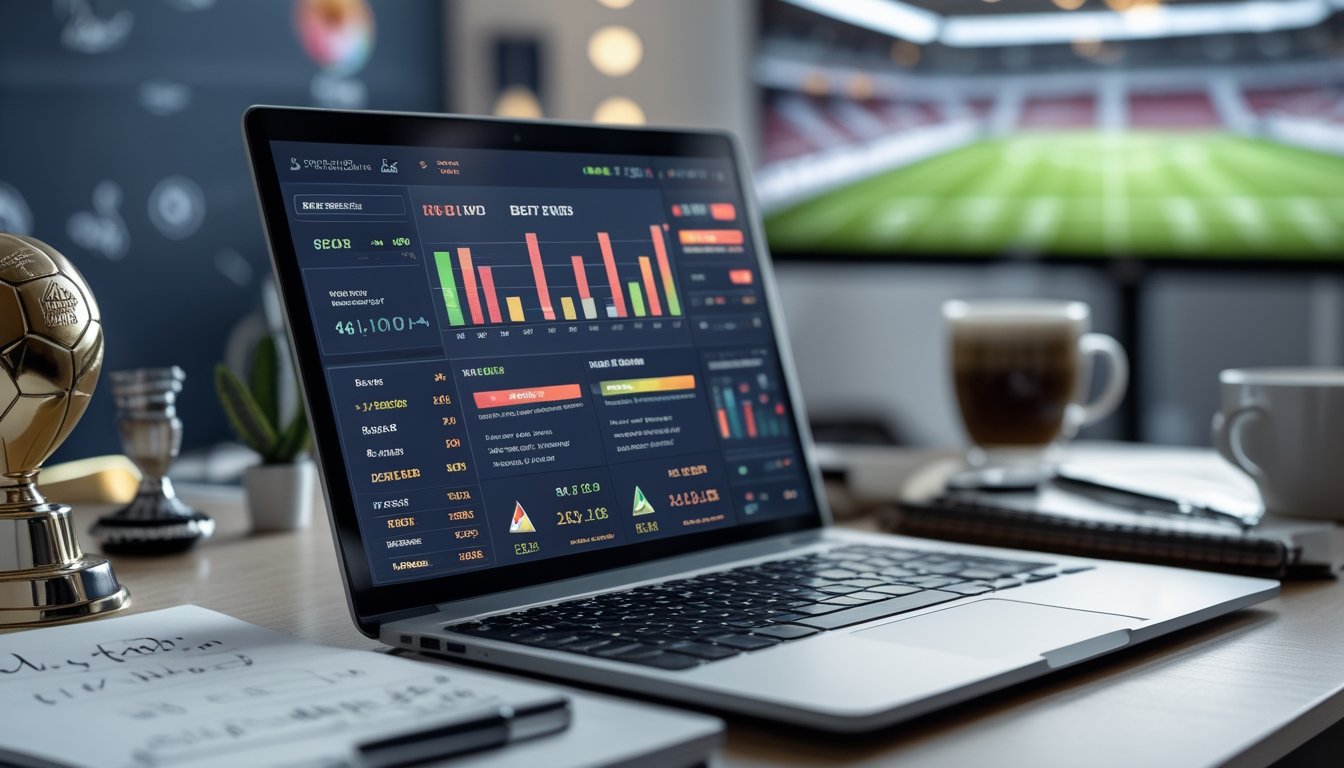 Meja kerja modern dengan laptop yang menampilkan antarmuka odds taruhan sepak bola, ponsel dengan skor pertandingan, buku catatan, dan cangkir kopi.