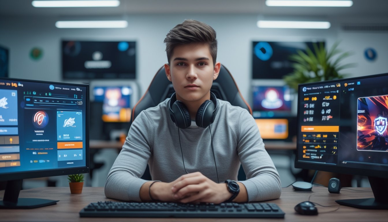 Seorang pemuda duduk di meja dengan beberapa monitor komputer yang menampilkan grafik permainan esports dan antarmuka taruhan, terlihat fokus dan percaya diri.