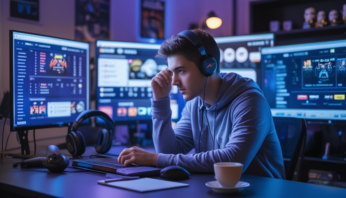 Seorang pria muda duduk di meja dengan beberapa layar komputer menampilkan permainan esports dan informasi taruhan, terlihat fokus dan serius dalam memilih situs judi esports yang terpercaya.