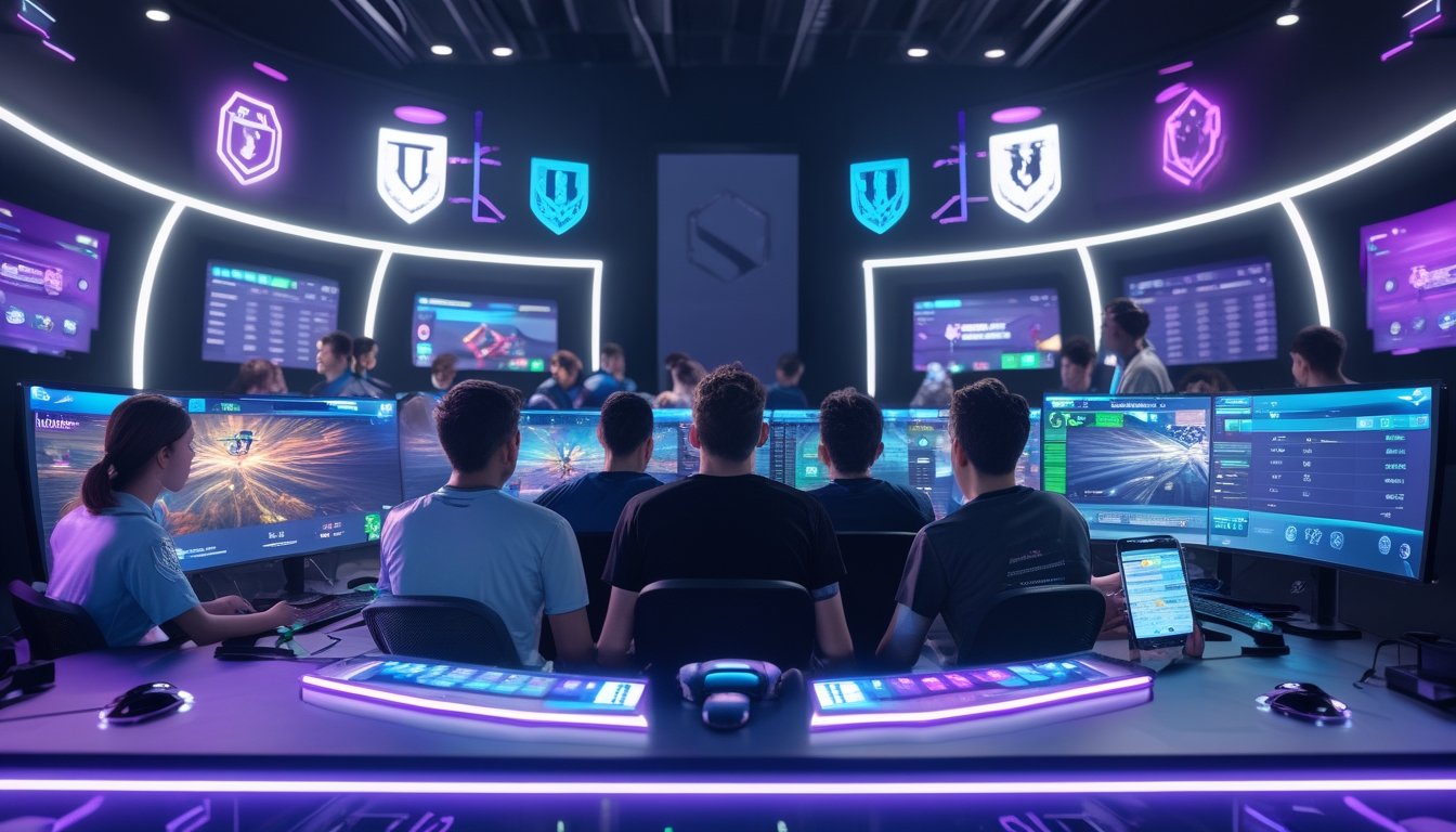 Sekelompok orang muda berkumpul di ruang game modern dengan beberapa monitor besar menampilkan permainan esports dan aplikasi taruhan online.