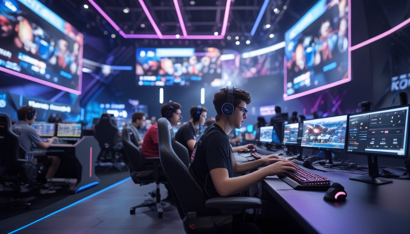 Beberapa orang muda sedang bermain game esports dengan peralatan canggih di arena gaming modern, sementara analis memantau data taruhan di layar komputer.