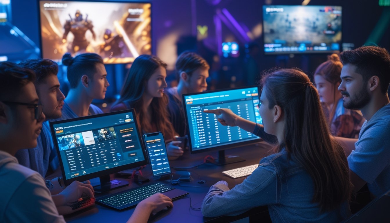 Sekelompok orang muda sedang menggunakan perangkat digital untuk menonton dan berdiskusi tentang pertandingan esports Dota 2 dan CS2 di sebuah ruang gaming modern.