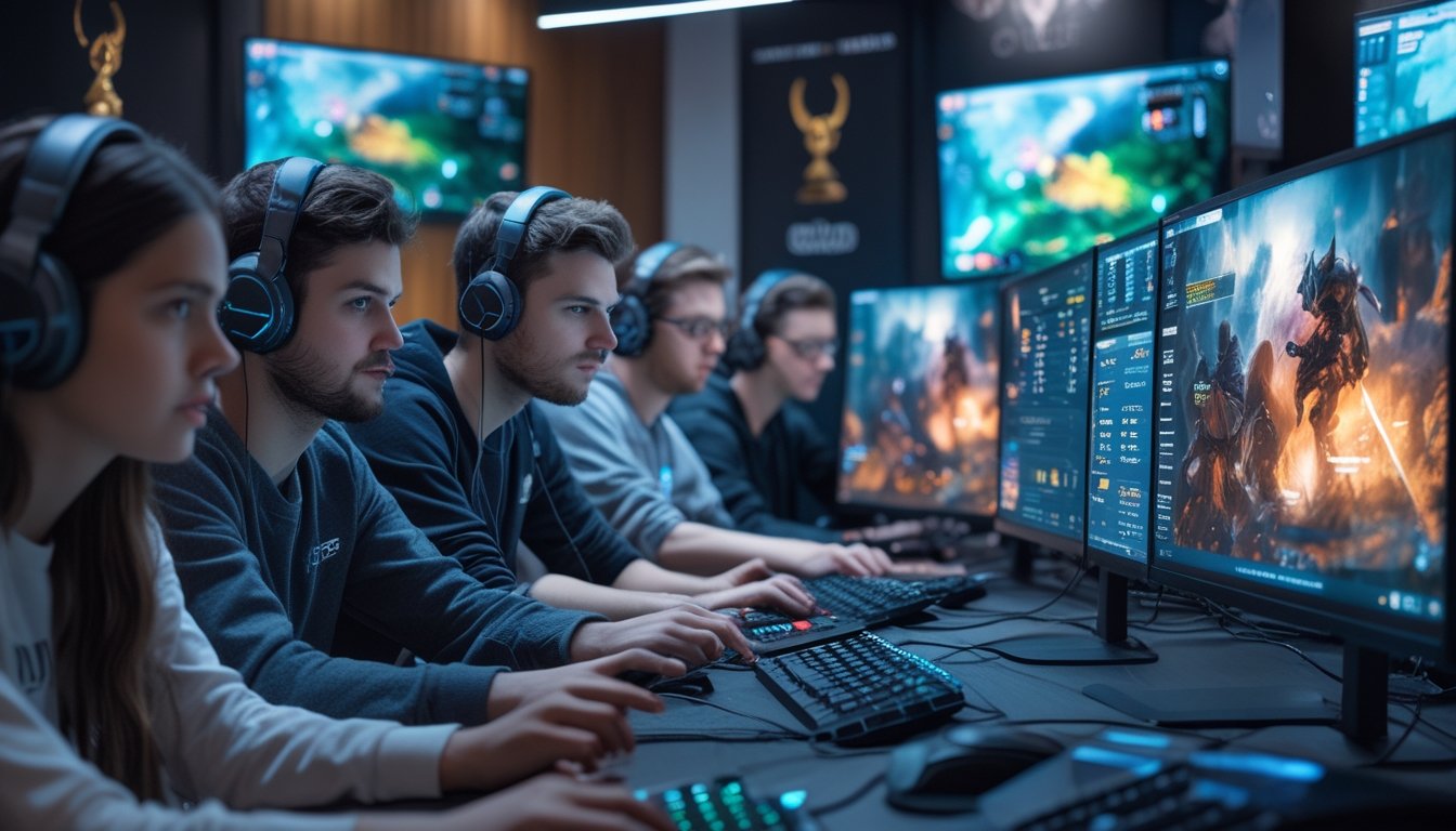 Sekelompok orang muda sedang fokus bermain dan berdiskusi di depan beberapa komputer dengan tampilan game Dota 2 dan CS2 di layar.