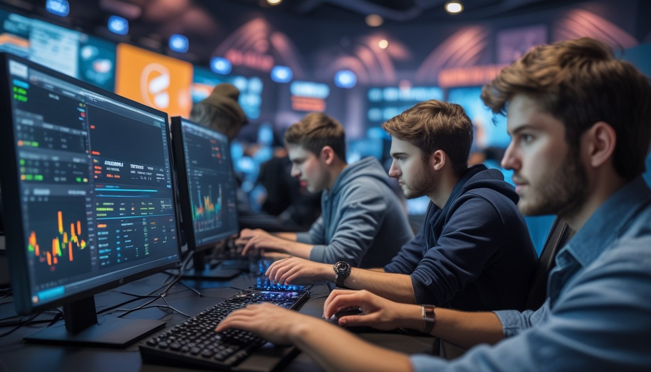 Sekelompok orang muda sedang menggunakan komputer dengan layar menampilkan statistik dan peluang pertandingan esports secara real-time.