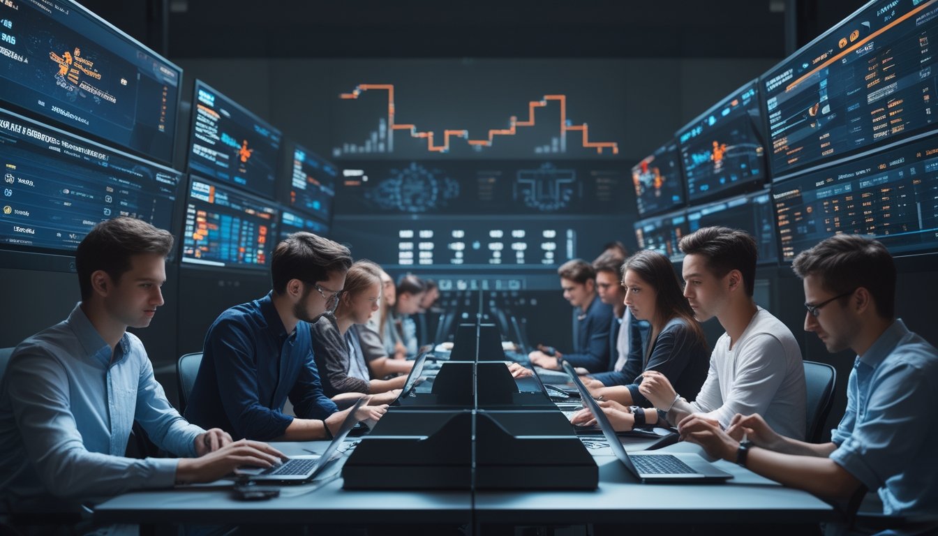 Beberapa orang muda sedang menggunakan komputer dan ponsel untuk melihat statistik dan peluang taruhan esports secara real-time di sebuah ruangan modern.