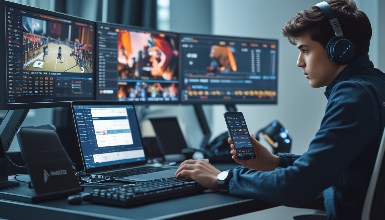 Seorang dewasa muda fokus menggunakan laptop dan ponsel di depan beberapa monitor yang menampilkan permainan esports, dengan perlengkapan gaming di meja.
